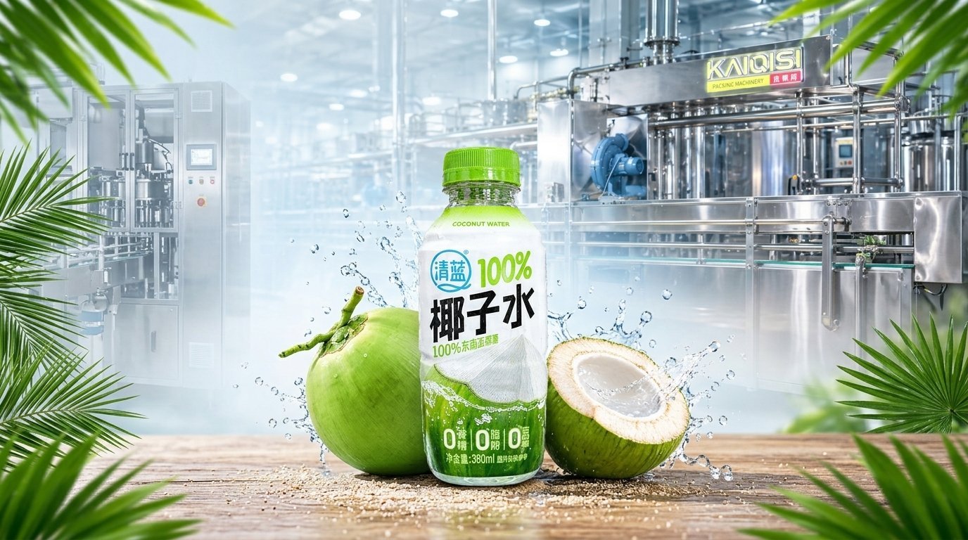 Bottle of 100% coconut water between two fresh coconuts, in front of Kaiqisi aseptic processing lines