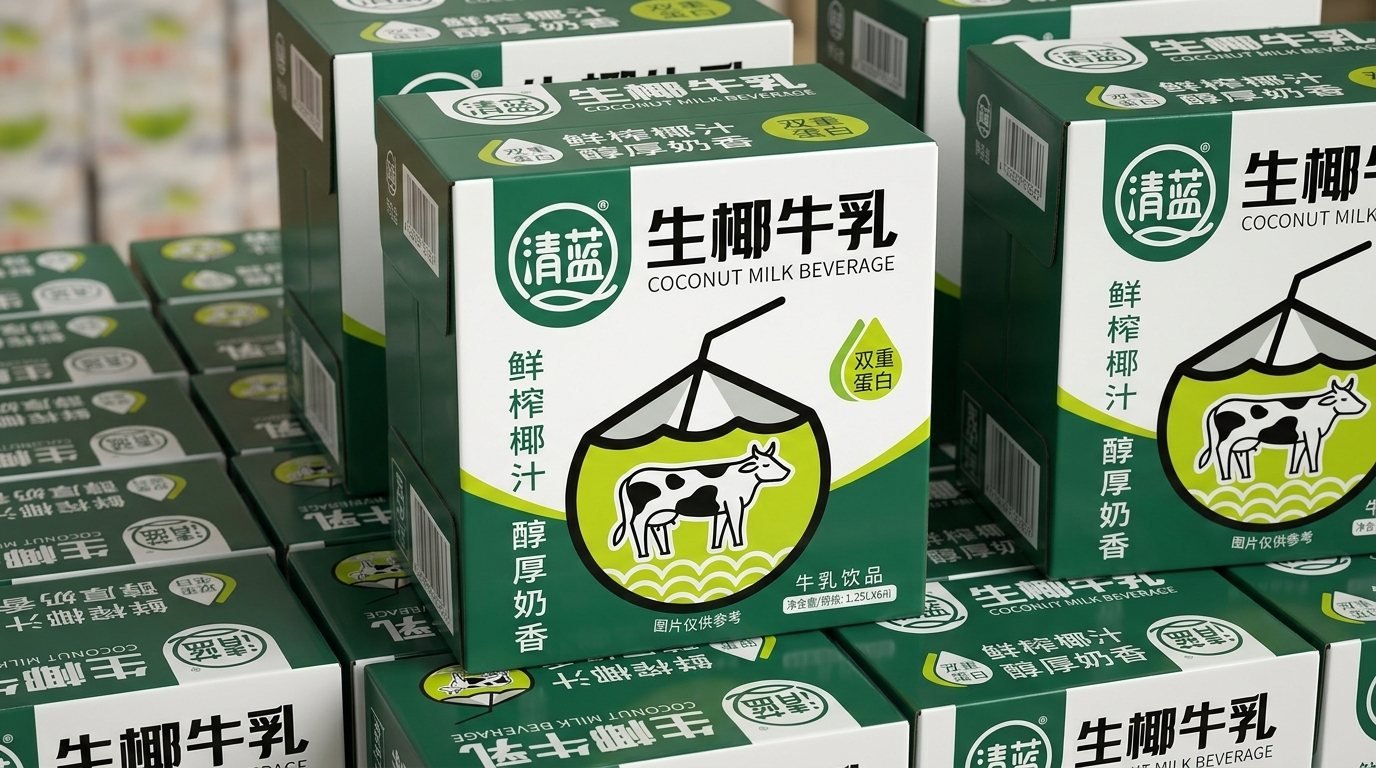 Coconut beverage cartons stacked for retail distribution